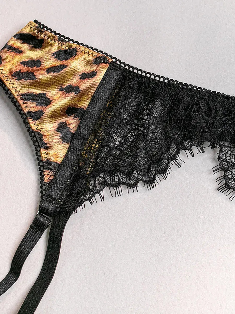 Leopard Lace 3-Piece Bra, Thong & Garter Set