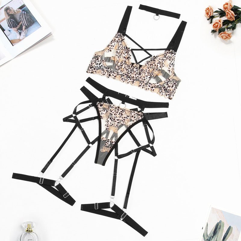 Leopard Print Sheer Embroidered Push - Up Lingerie Set - gosundaymarket