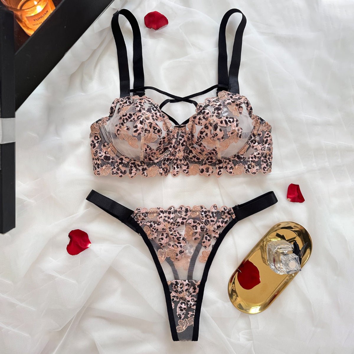 Leopard Print Sheer Embroidered Push - Up Lingerie Set - gosundaymarket