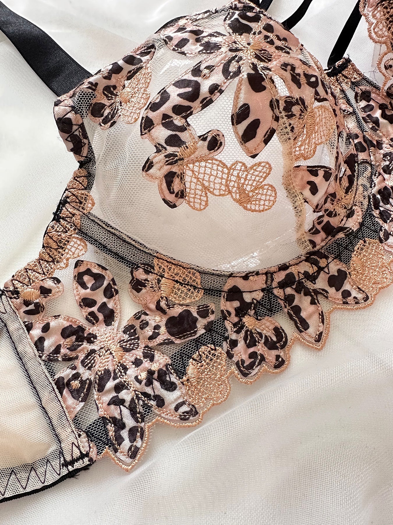 Leopard Print Sheer Embroidered Push - Up Lingerie Set - gosundaymarket