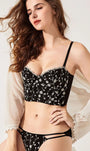 Midnight Bloom Embroidered Bustier Lingerie Set showcasing side-back design with sheer mesh and floral lace embroidery.