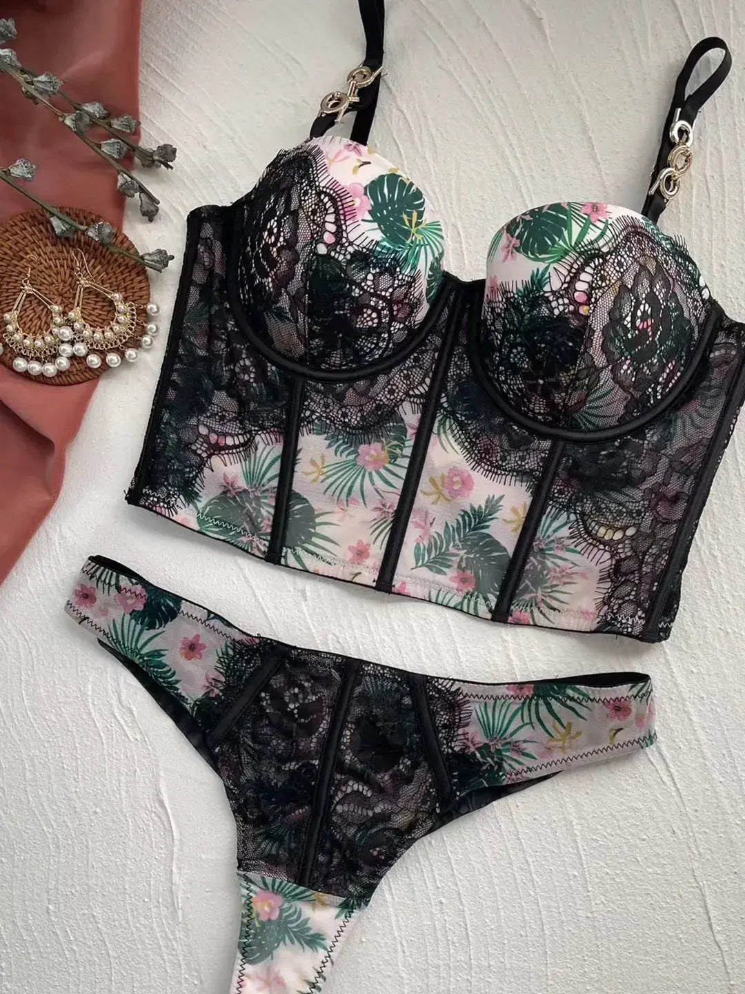 Moonlight Petal Printed Lace Corset Set