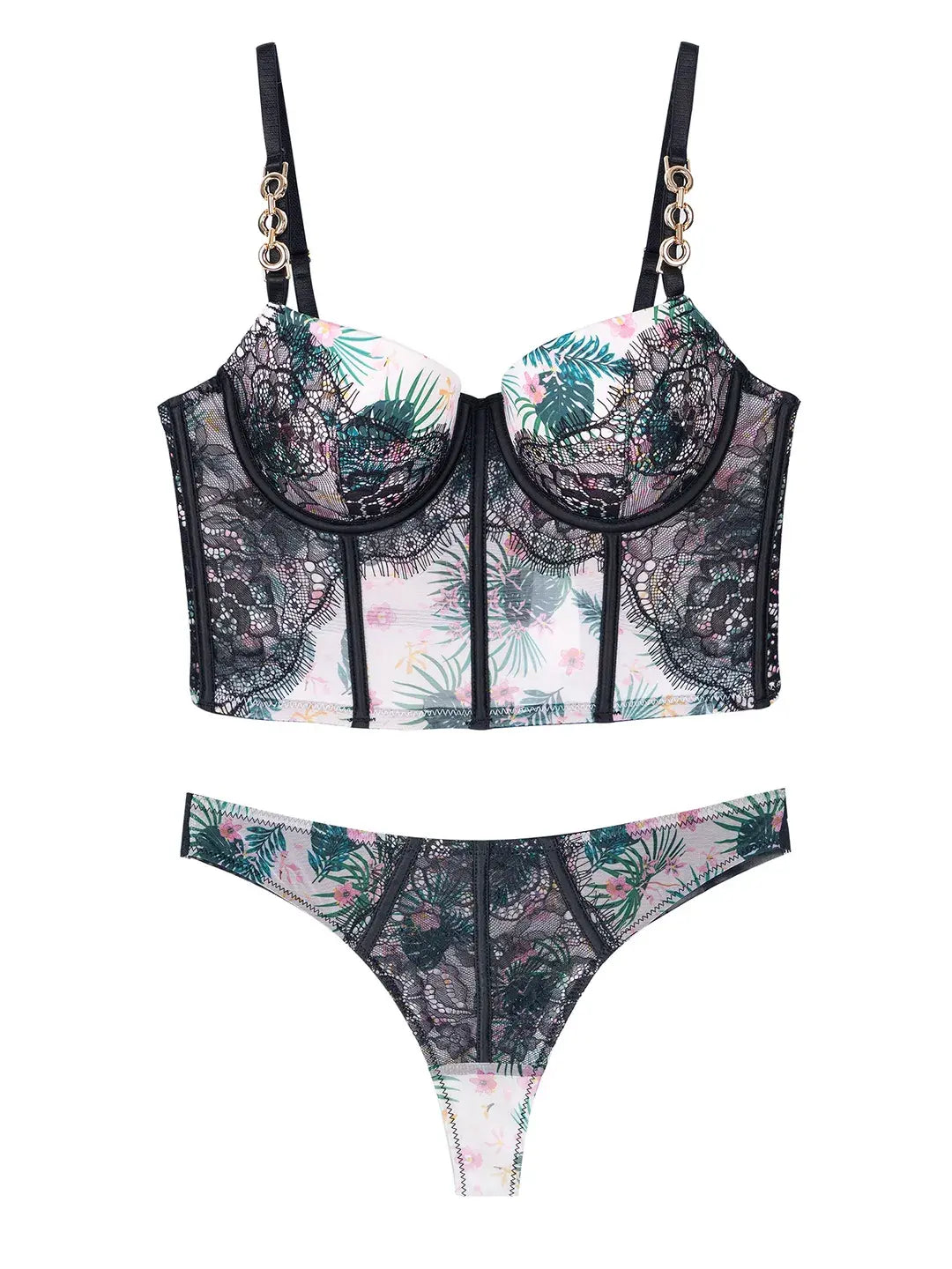 Hanging view of Moonlight Petal Printed Lace Corset Lingerie, ideal for photography with its elegant sheer print and lace finish.