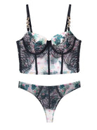 Hanging view of Moonlight Petal Printed Lace Corset Lingerie, ideal for photography with its elegant sheer print and lace finish.