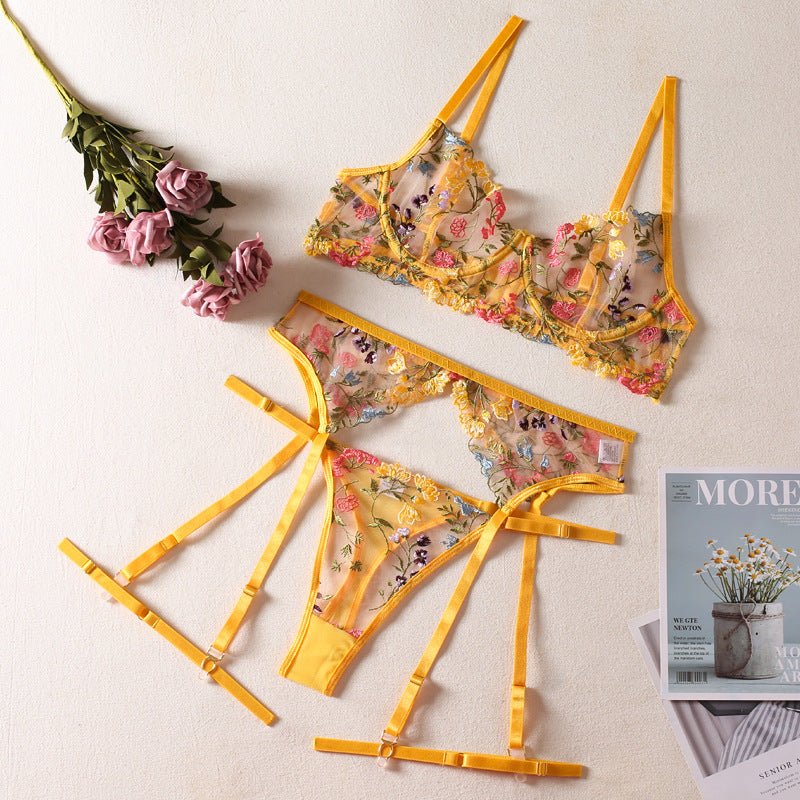 Multi - Color Floral Embroidered Lingerie Set - gosundaymarket