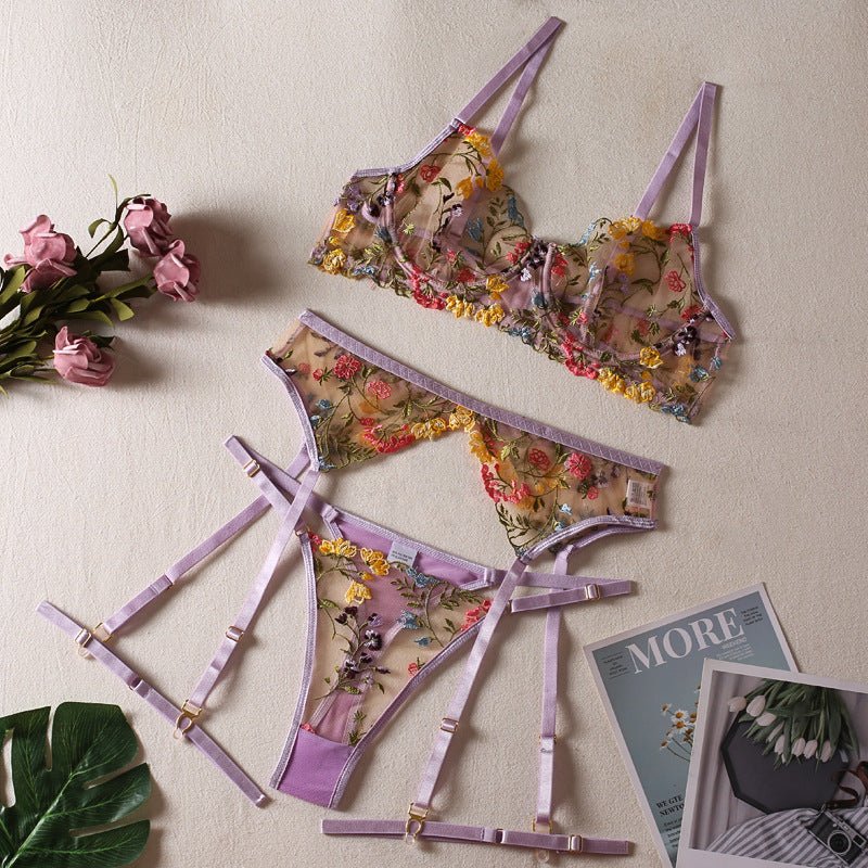 Multi - Color Floral Embroidered Lingerie Set - gosundaymarket