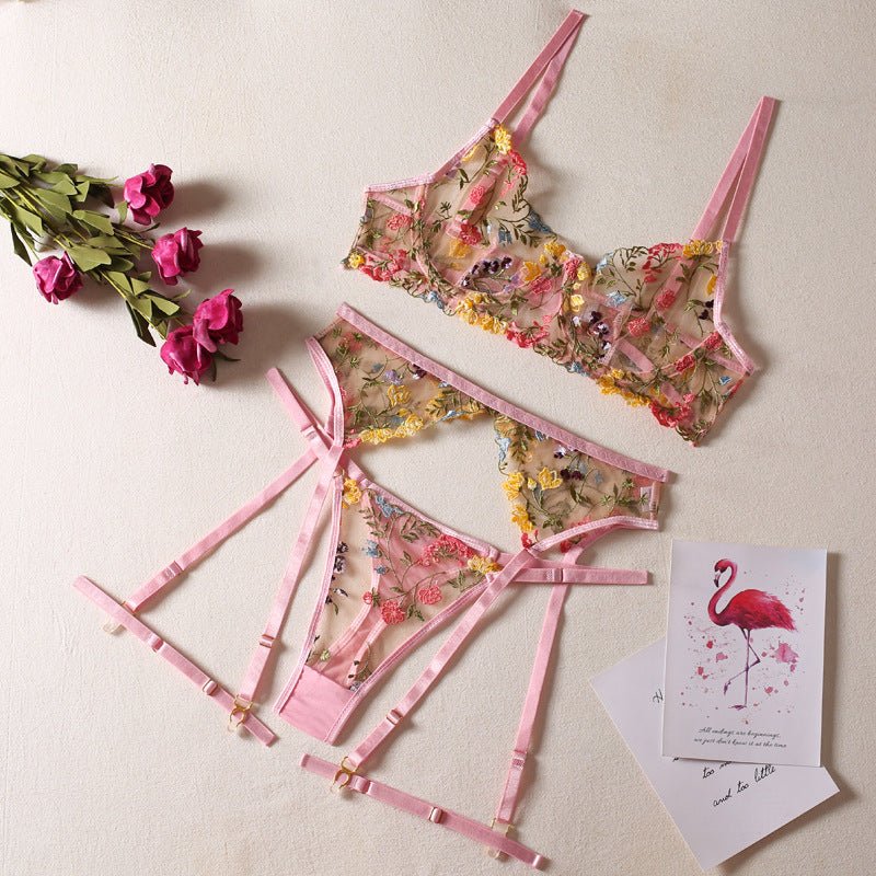 Multi - Color Floral Embroidered Lingerie Set - gosundaymarket