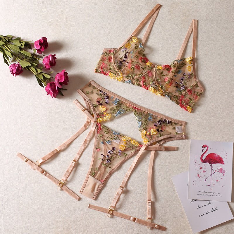 Multi - Color Floral Embroidered Lingerie Set - gosundaymarket