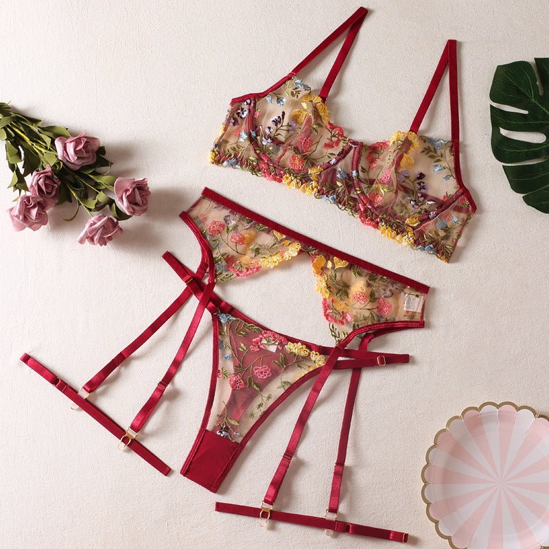 Multi - Color Floral Embroidered Lingerie Set - gosundaymarket