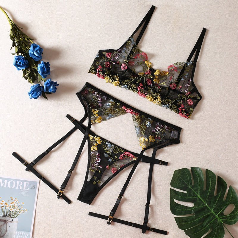 Multi - Color Floral Embroidered Lingerie Set - gosundaymarket