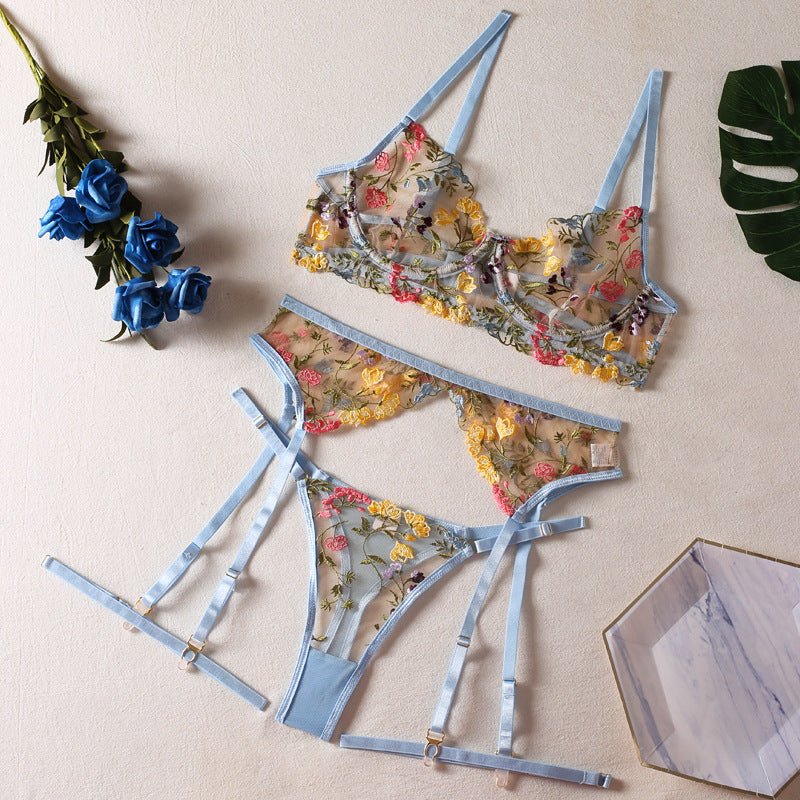 Multi - Color Floral Embroidered Lingerie Set - gosundaymarket