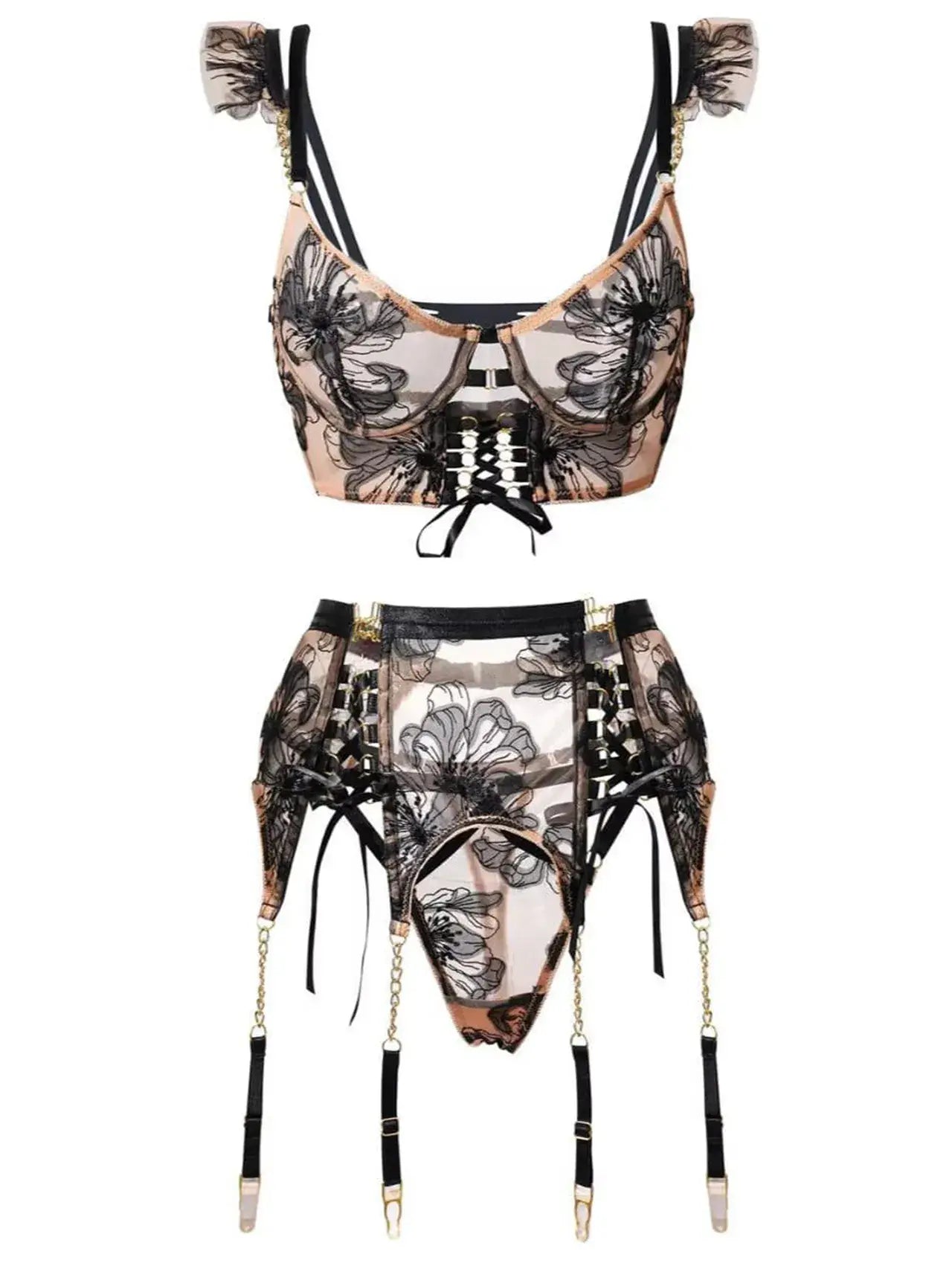 Diagonal back view of Noir Eclipse corset with sheer lace panel and gold accents, sensual date night lingerie