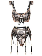 Diagonal back view of Noir Eclipse corset with sheer lace panel and gold accents, sensual date night lingerie