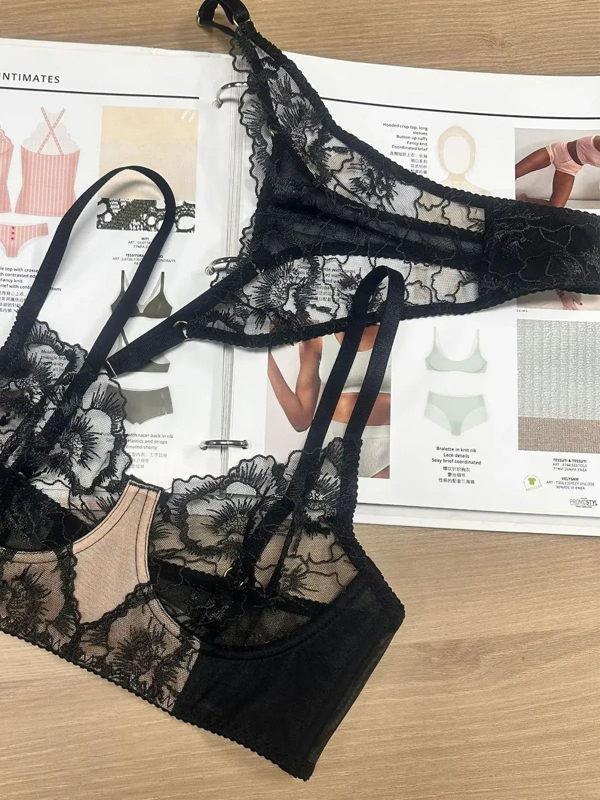 Detailed texture shot of Noir Veil black lingerie set combining delicate lace and sheer mesh.