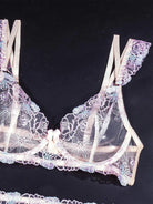 Purple lace cami with delicate embroidery and matching bra.