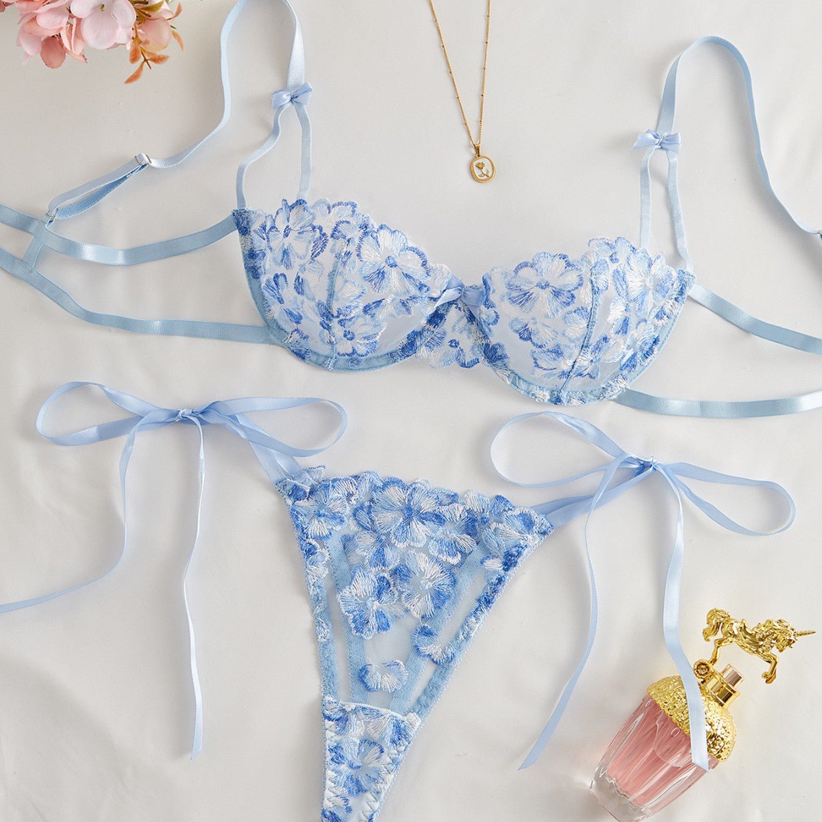 Petal Embroidered Floral Adjustable Bra Lingerie Set - gosundaymarket