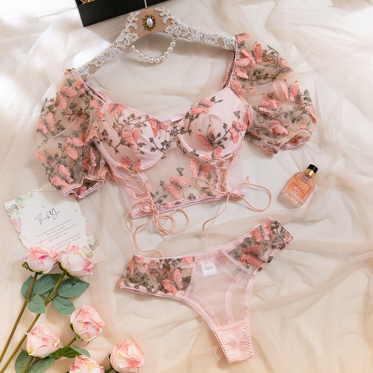 Pink Butterfly Embroidered Sheer Bubble Sleeves Corset Linger Set - gosundaymarket