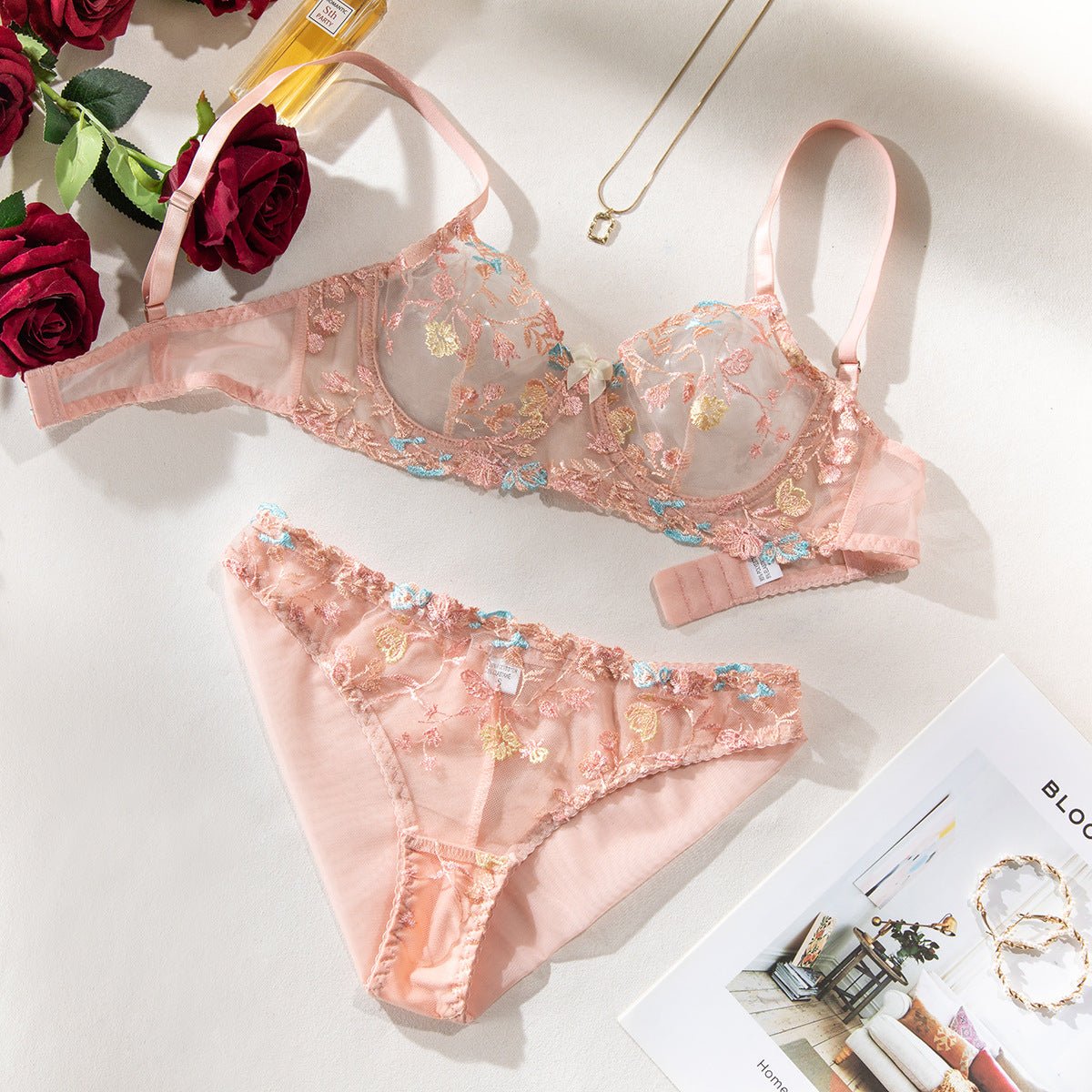 Pink Floral Embroidered Romantic & Minimalist Lingerie - gosundaymarket