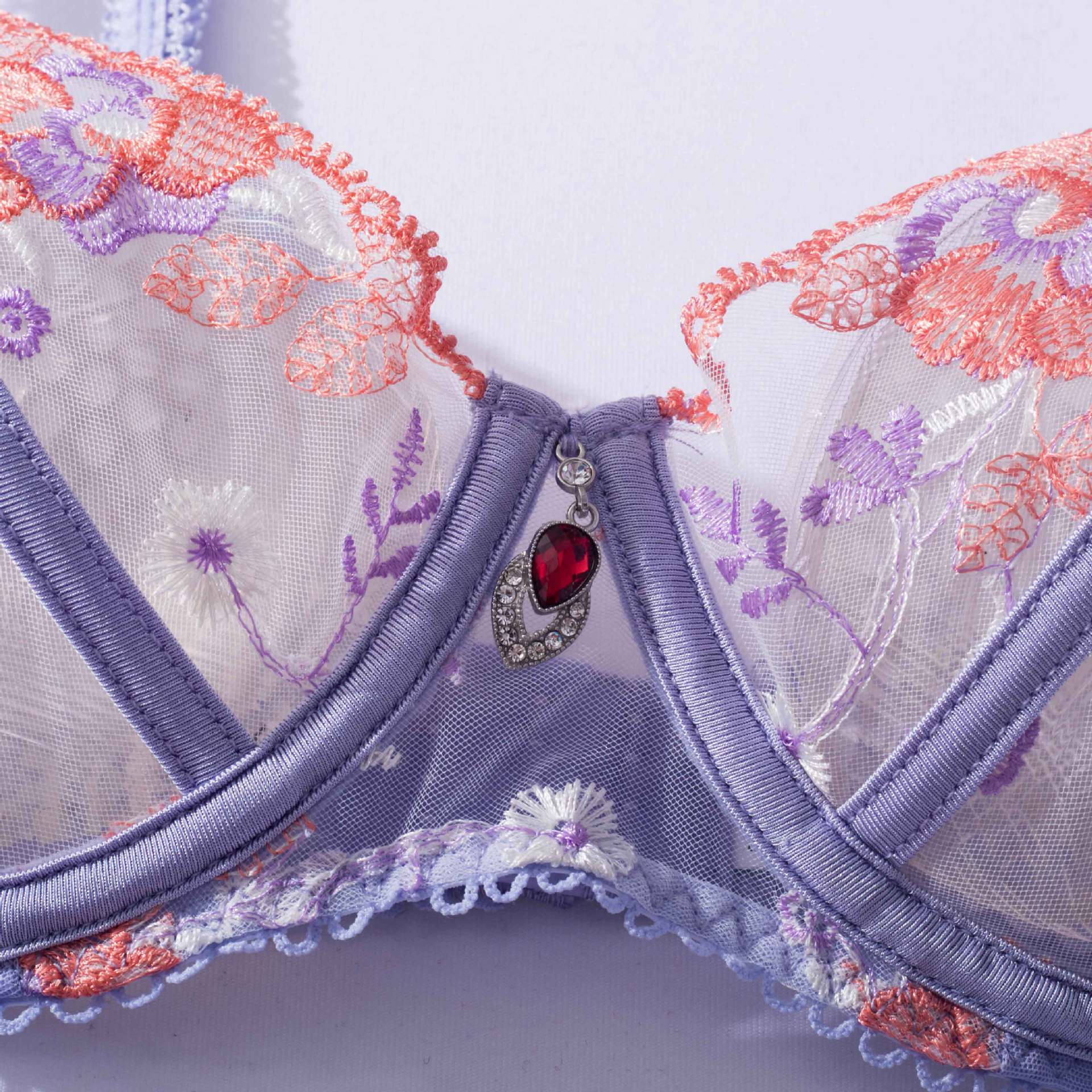 Purple Luxury Mesh Embroidered Lingerie Set - gosundaymarket