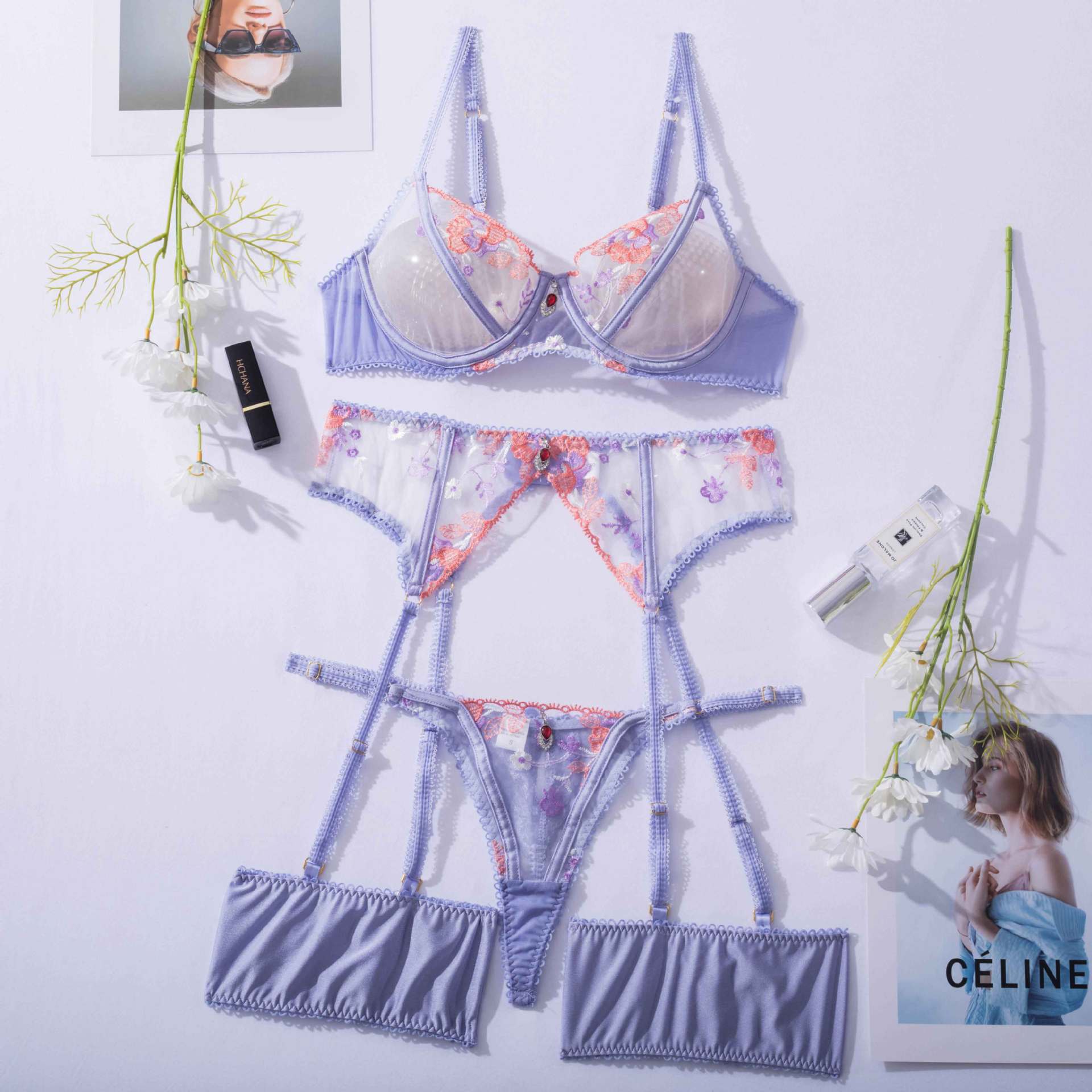 Purple Luxury Mesh Embroidered Lingerie Set - gosundaymarket
