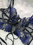 Sapphire blue lace bra with sheer mesh panels and 3D floral embroidery, see-through lingerie for special occasions