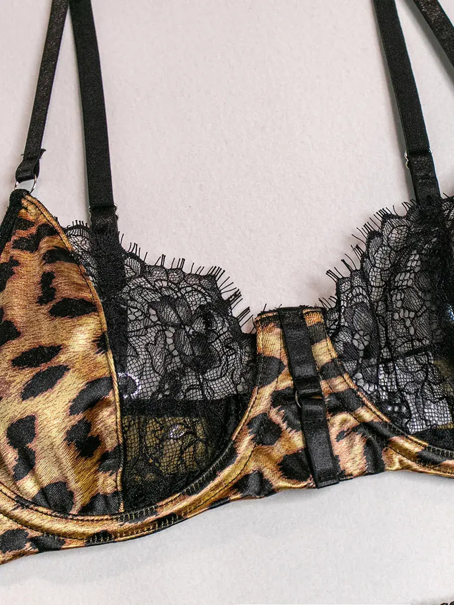 Leopard Lace 3-Piece Bra, Thong & Garter Set