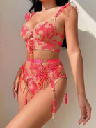 Right side view of orange Sunset Ember lingerie set with garter straps and lace trim, perfect for romantic nights