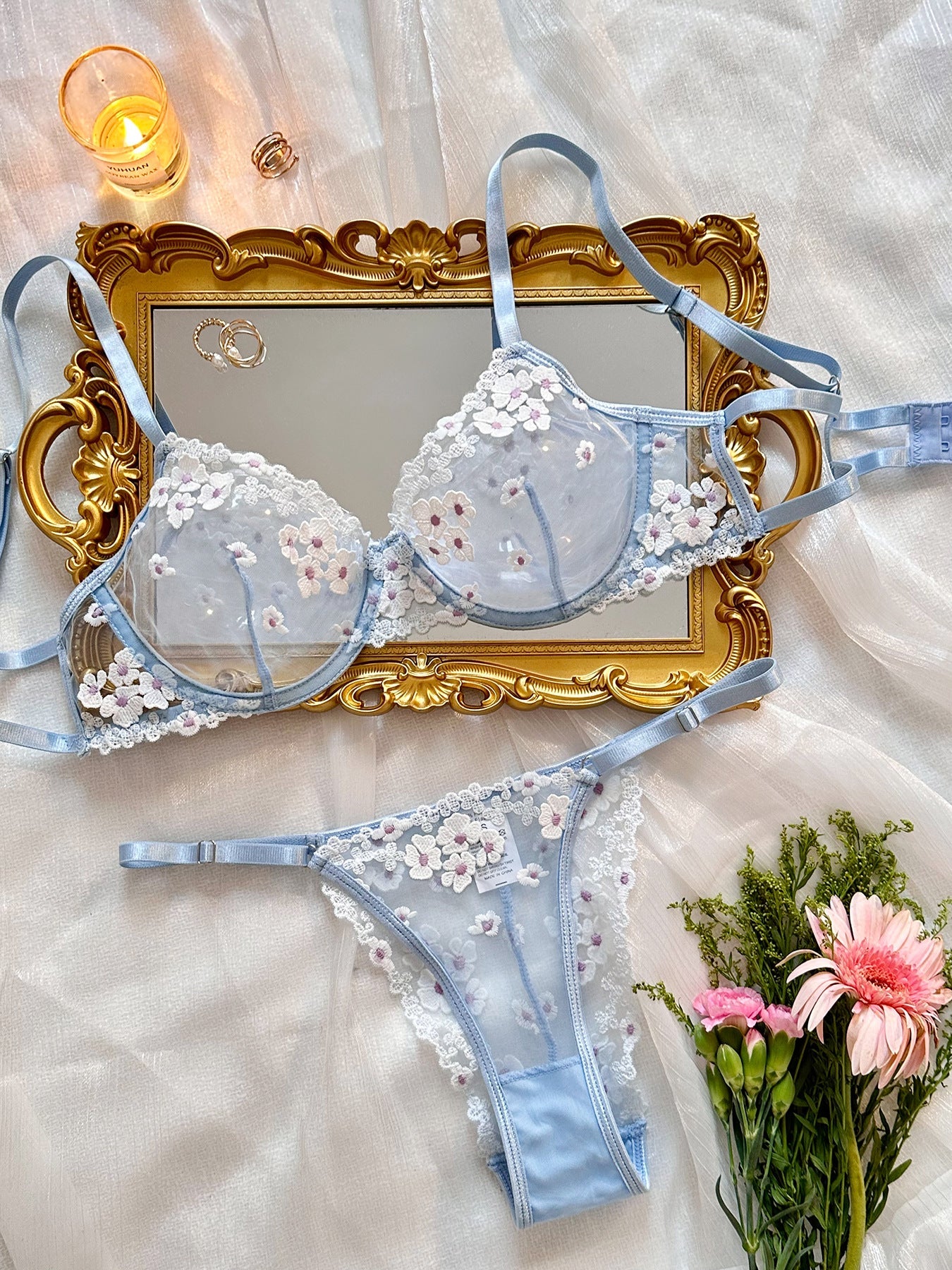 Sweet Floral Embroidered Sheer Mesh Push - Up Lingerie - gosundaymarket