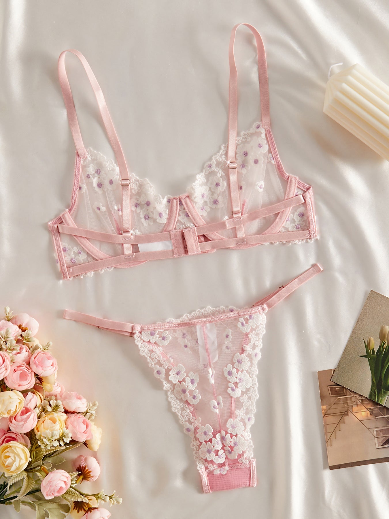 Sweet Floral Embroidered Sheer Mesh Push - Up Lingerie - gosundaymarket
