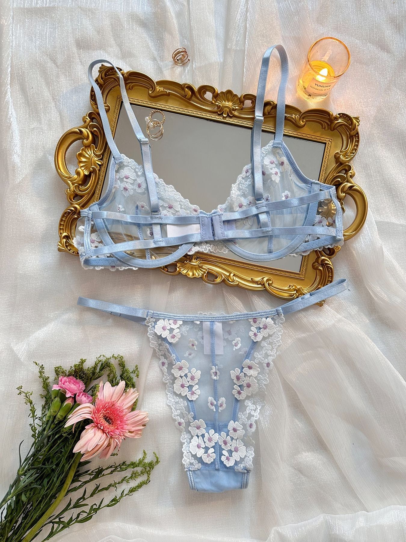 Sweet Floral Embroidered Sheer Mesh Push - Up Lingerie - gosundaymarket