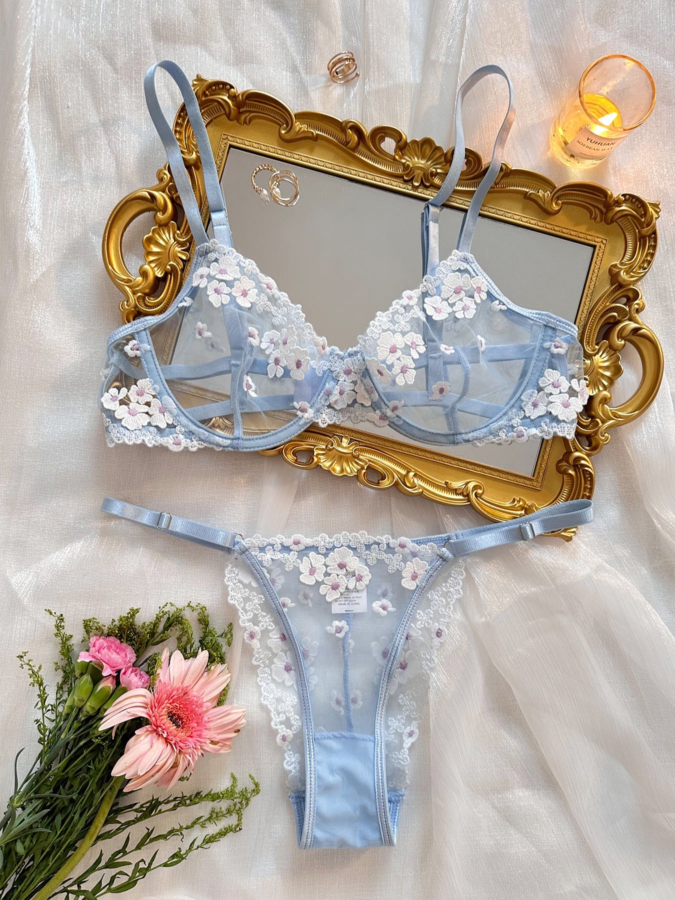 Sweet Floral Embroidered Sheer Mesh Push - Up Lingerie - gosundaymarket