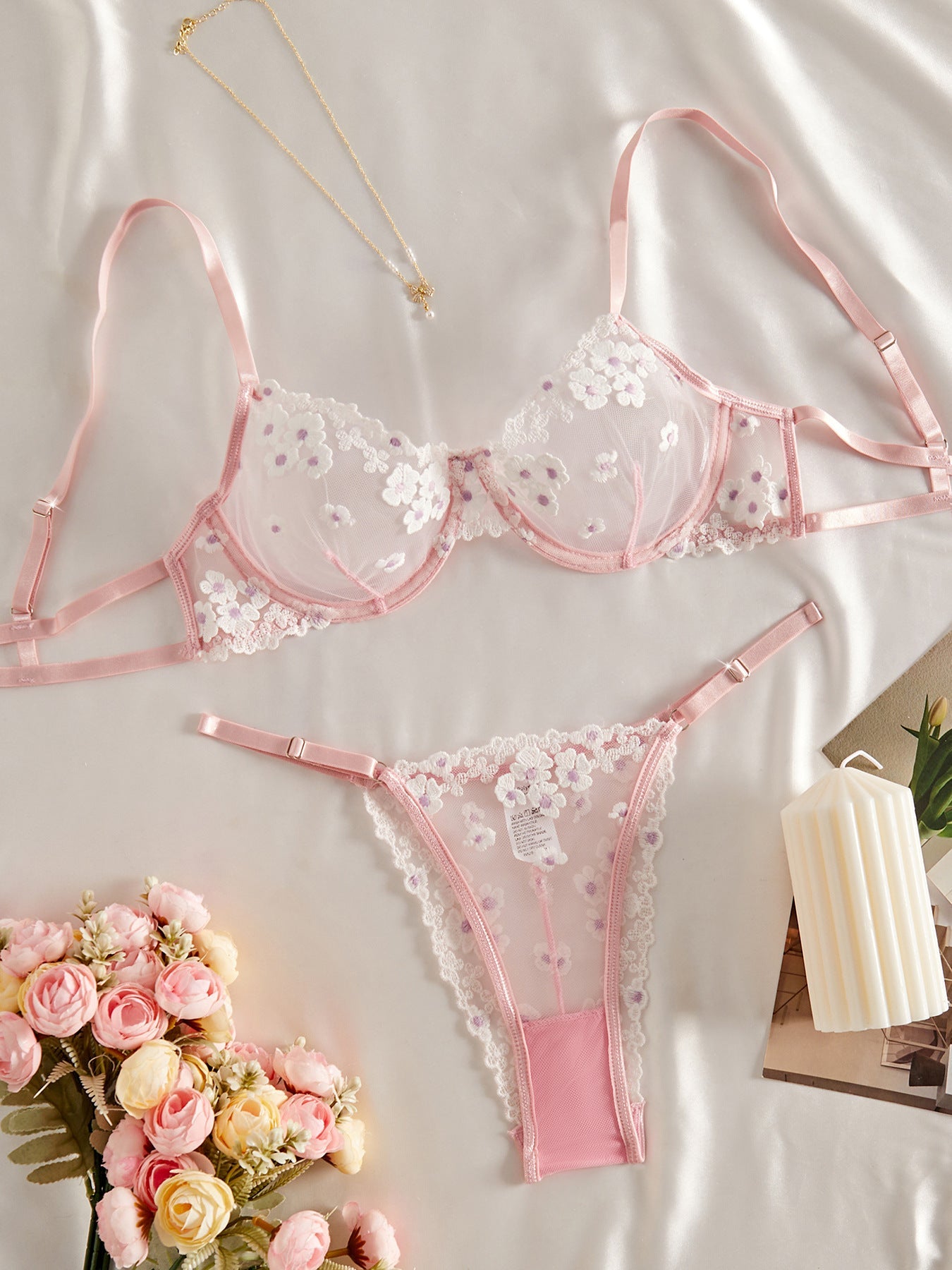 Sweet Floral Embroidered Sheer Mesh Push - Up Lingerie - gosundaymarket
