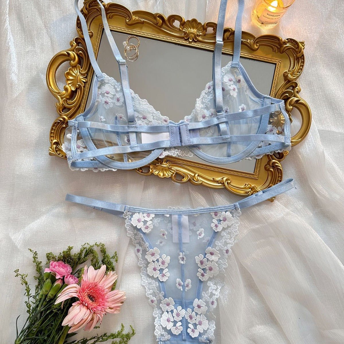 Sweet Floral Embroidered Sheer Mesh Push - Up Lingerie - gosundaymarket