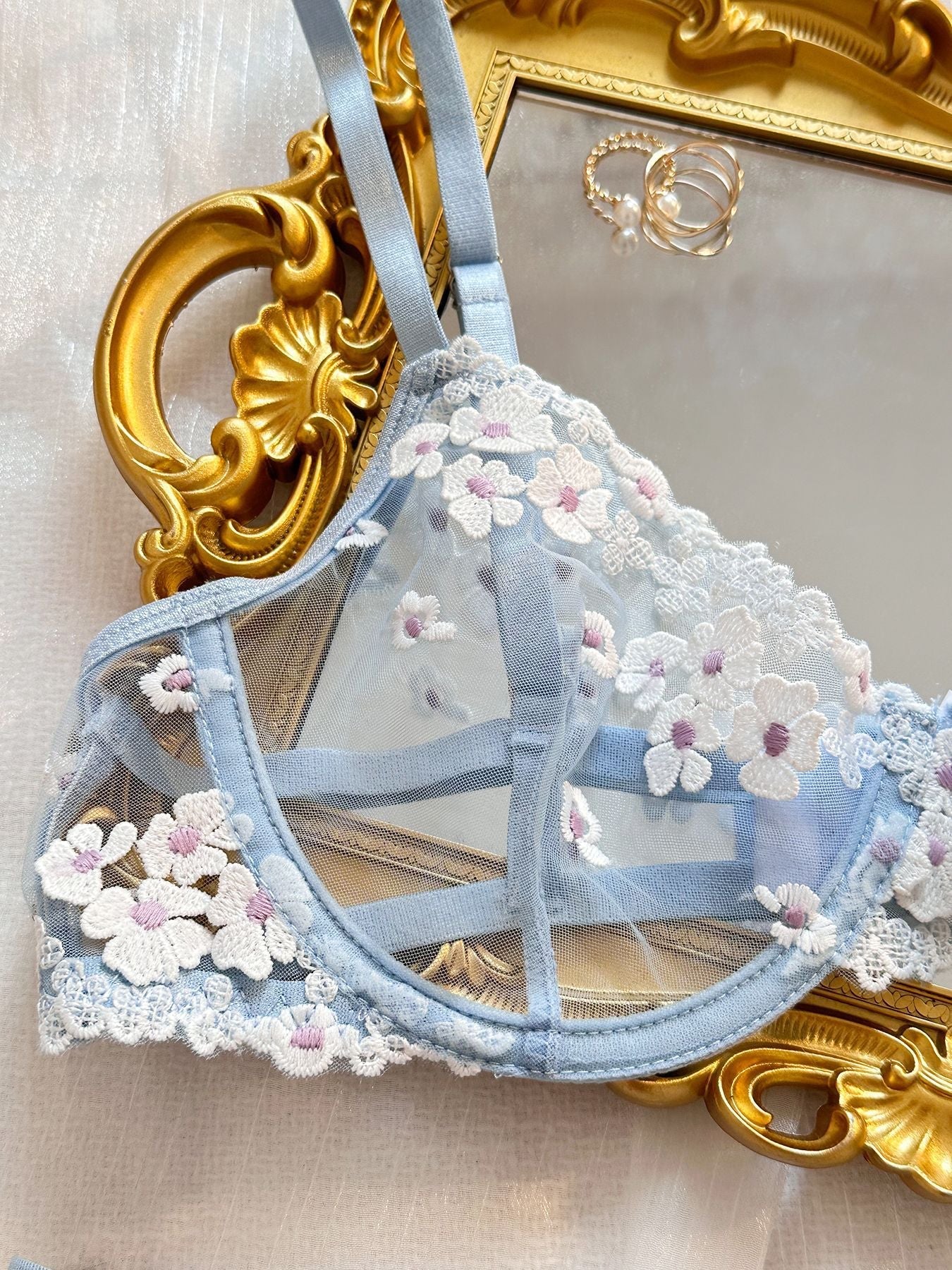 Sweet Floral Embroidered Sheer Mesh Push - Up Lingerie - gosundaymarket