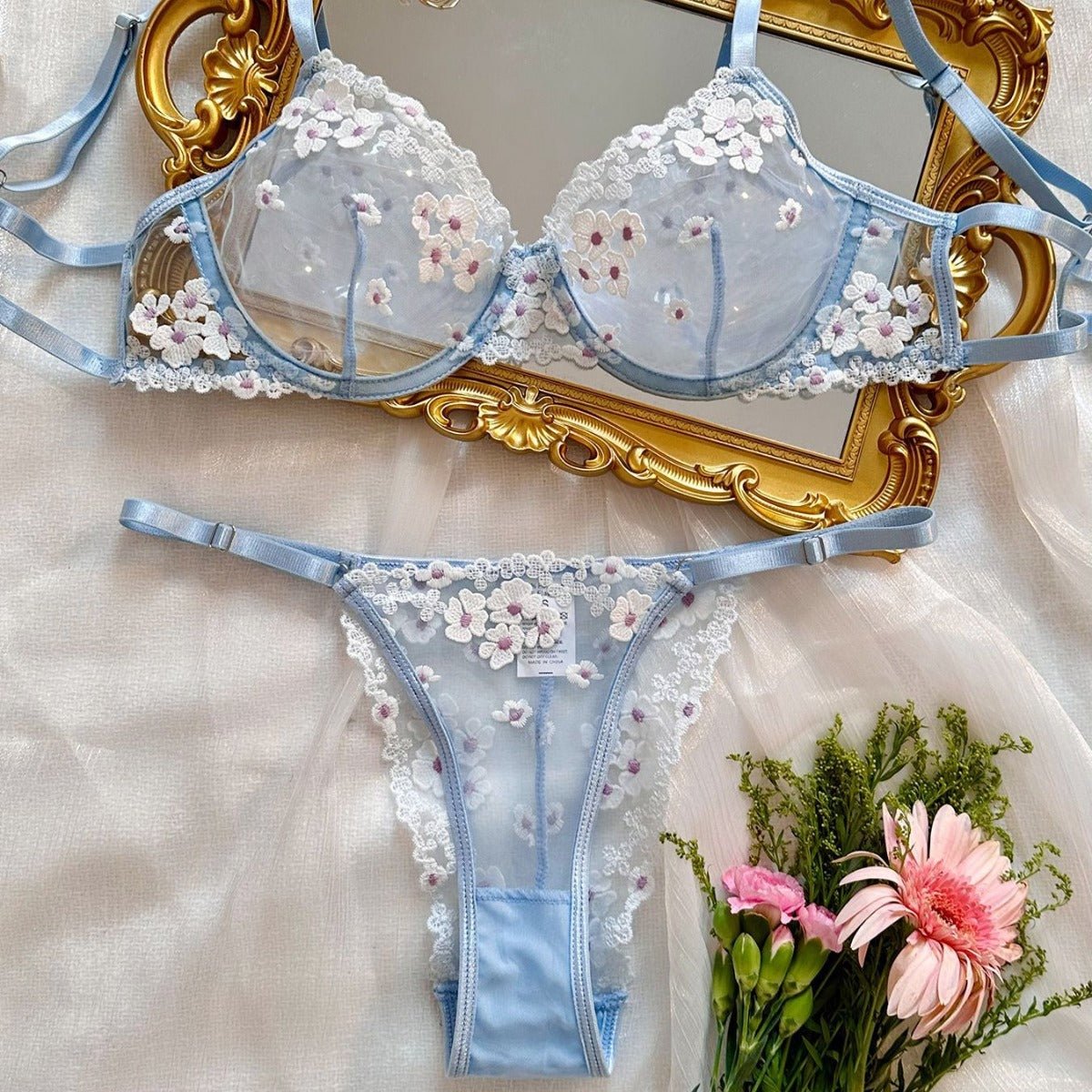 Sweet Floral Embroidered Sheer Mesh Push - Up Lingerie - gosundaymarket
