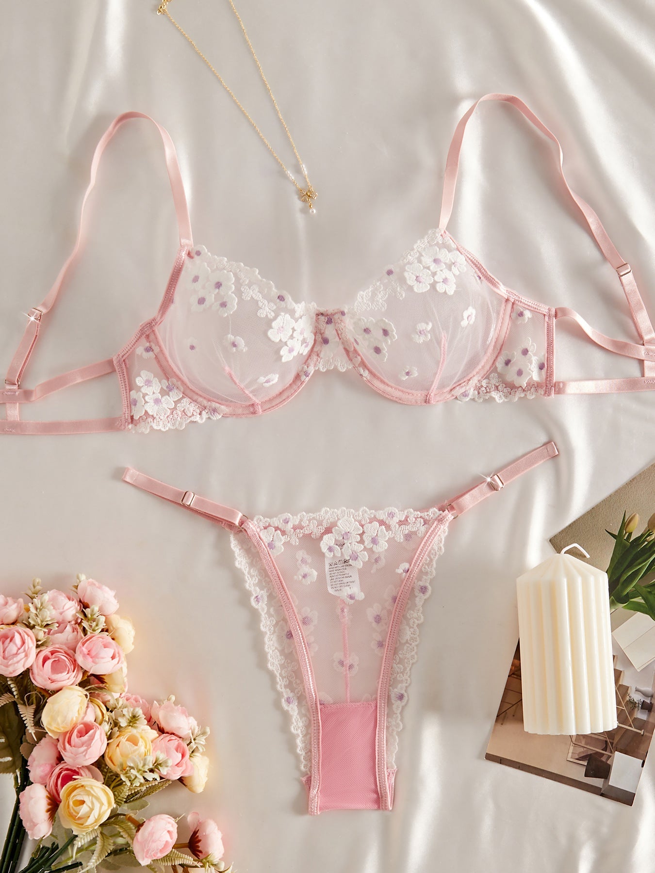 Sweet Floral Embroidered Sheer Mesh Push - Up Lingerie - gosundaymarket