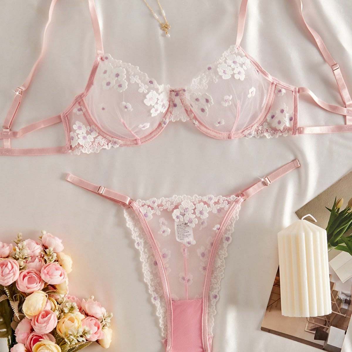 Sweet Floral Embroidered Sheer Mesh Push - Up Lingerie - gosundaymarket