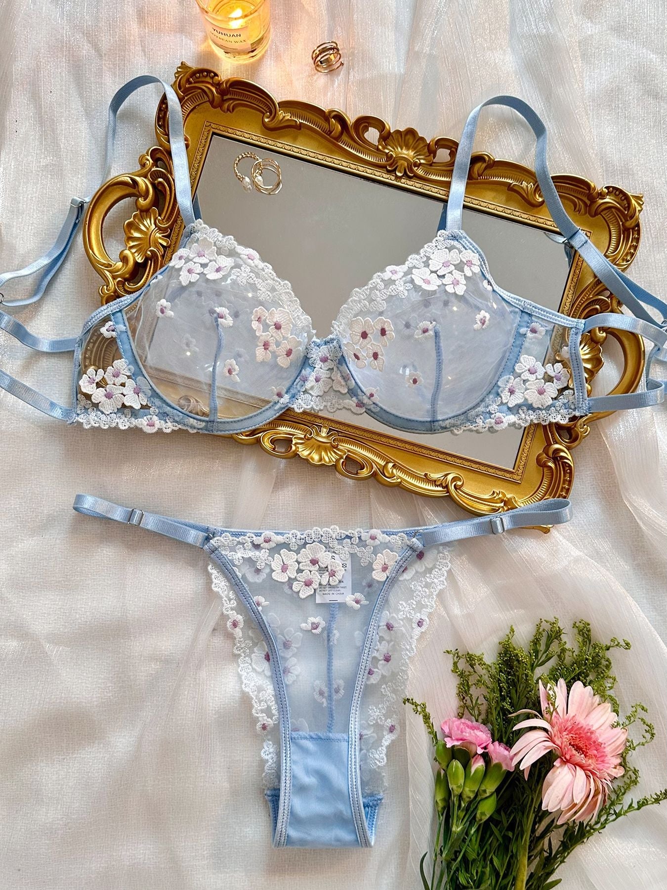 Sweet Floral Embroidered Sheer Mesh Push - Up Lingerie - gosundaymarket