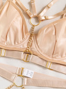 Light nude strapping with gold ring hardware and sleek design from the Velvet Armor 5-piece lingerie set.